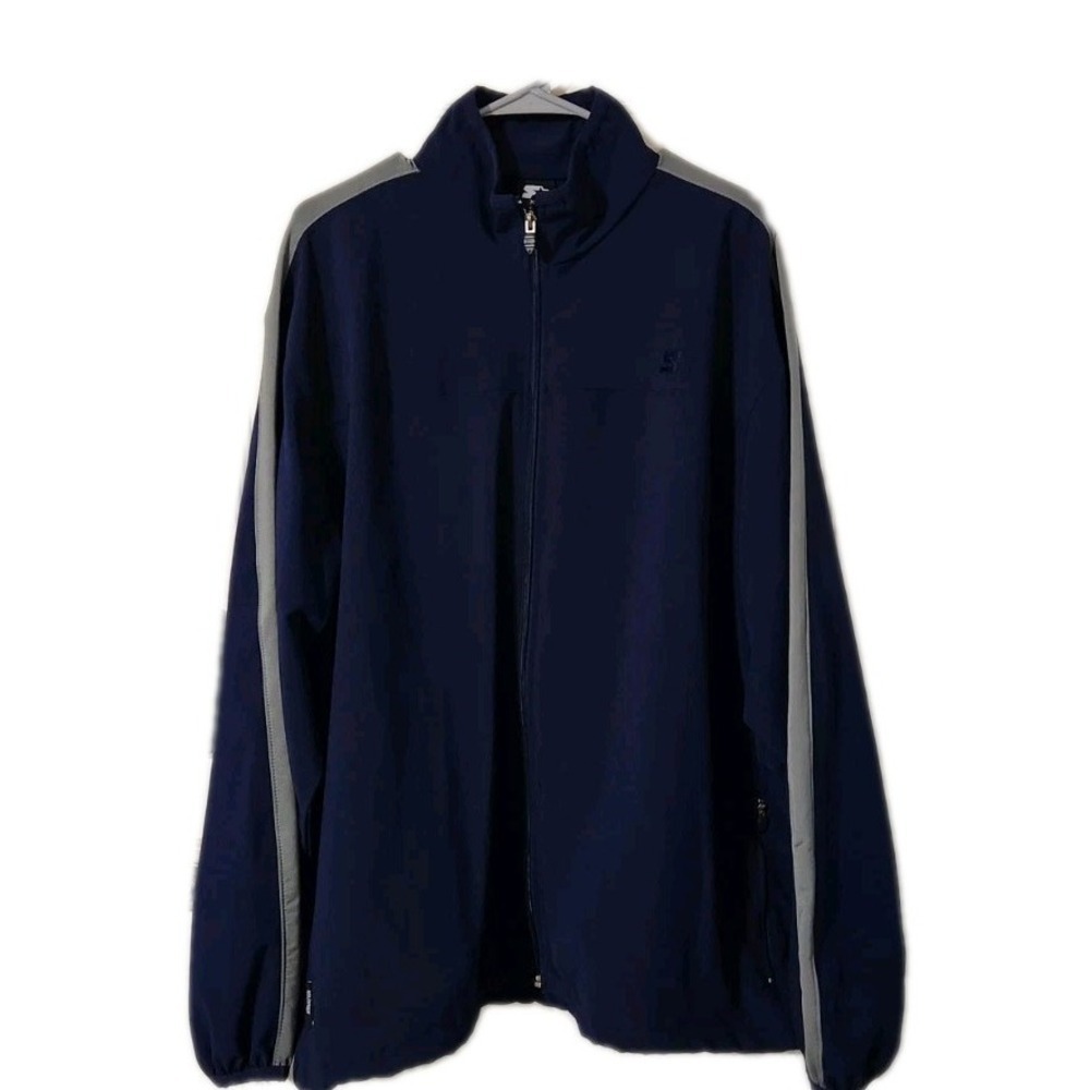 Starter Mens XL Dark Navy Blue Track Jacket Long Sleeve Zip Up Striped Pockets